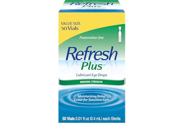 Refresh Plus Lubricant Eye Drops, Preservative-Free, 0.01 Fl Oz Single-Use Containers, 50 Count, Packaging May Vary