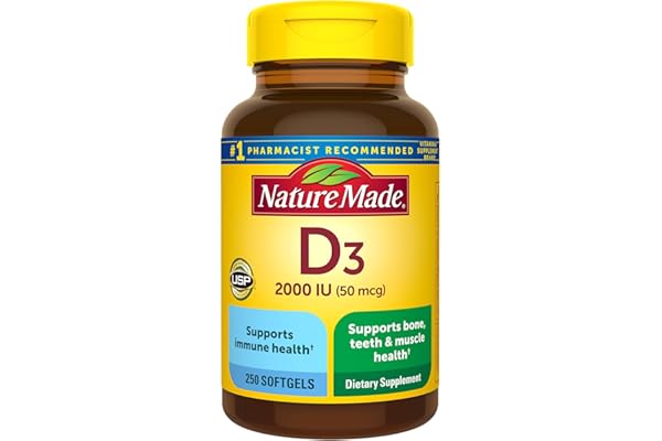 Nature Made Vitamin D3 2000 IU (50 mcg), Vitamin D Supplement for Bone, Teeth, Muscle and Immune Health Support, 250 Softgels