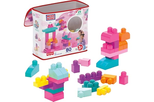 MEGA BLOKS First Builders Toddler Blocks Toys Set, Big Building Bag Collection with 80 Pieces and Storage, Pink, Ages 1+ Year
