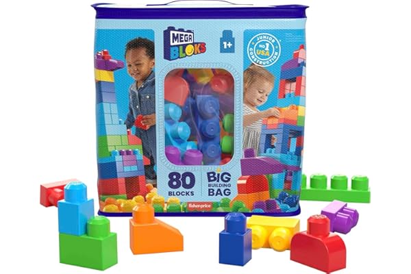 MEGA BLOKS First Builders Toddler Blocks Toys Set, Big Building Bag with 80 Pieces and Storage, Ages 1+ Years