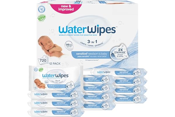 WaterWipes Sensitive+ Newborn & Baby Wipes, 3-In-1 Cleans, Cares, Protects, 99.9% Water, Unscented & Hypoallergenic, 720 Coun