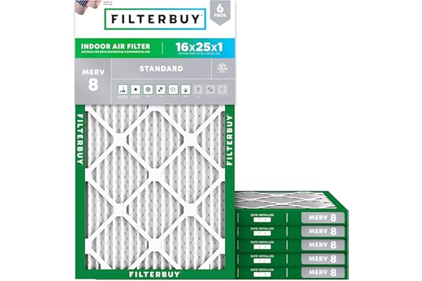 Filterbuy 16x25x1 Air Filter MERV 8 Essential Dust & Allergy Defense (6-Pack), Electrostatic Pleated HVAC AC Furnace Filters