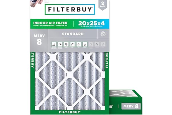 Filterbuy 20x25x4 Air Filter MERV 8 Essential Dust & Allergy Defense (2-Pack), Electrostatic Pleated HVAC AC Furnace Filters