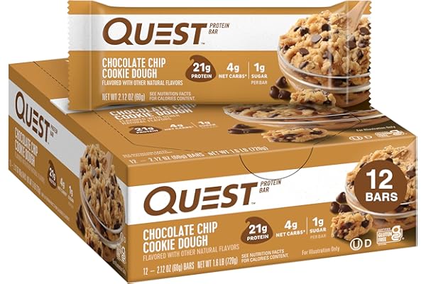 Quest Nutrition Chocolate Chip Dough Cookie Protein Bars, 21g Protein, 1g Sugar, 4g Net Carb, High Fiber, Gluten Free, Keto F