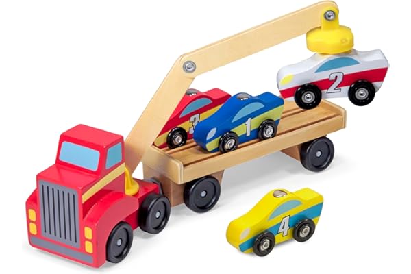 Melissa & Doug Magnetic Car Loader Wooden Toy Set with 4 Cars and 1 Semi-Trailer Truck Crane Wooden Toy, Vehicle Toys for Kid