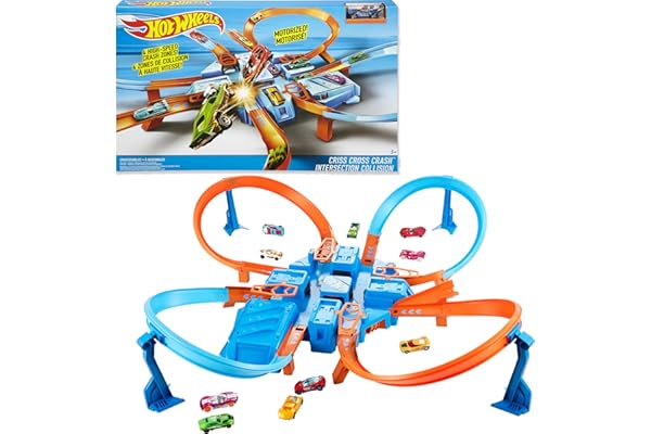 Hot Wheels Track Set with 1:64 Scale Toy Car, 4 Intersections for Crashing, Powered by a Motorized Booster, Criss-Cross Crash