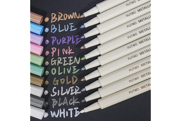 PuTwo Metallic Markers, 10 Assorted Colors, Fine Tip, Waterproof, Metallic Calligraphy Marker, Multi Surfaces