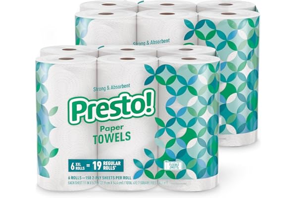 Amazon Brand - Presto! Flex-a-Size Paper Towels, 158 Sheet Huge Roll, 12 Rolls (2 Packs of 6), Equivalent to 38 Regular Rolls