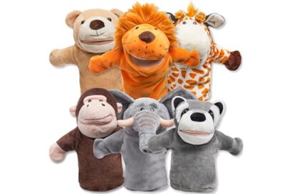 JOYIN 6Pcs Kids Hand Puppet Set with Working Mouth, Toddler Animal Plush Toy Includes Elephant, Giraffe, Lion, Bear, Raccoon