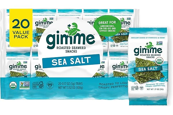 Gimme Seaweed Organic Premium Roasted Seaweed Snacks, Sea Salt, 20 Count, Keto, Vegan, Gluten-Free, Great Source of Omega3s a