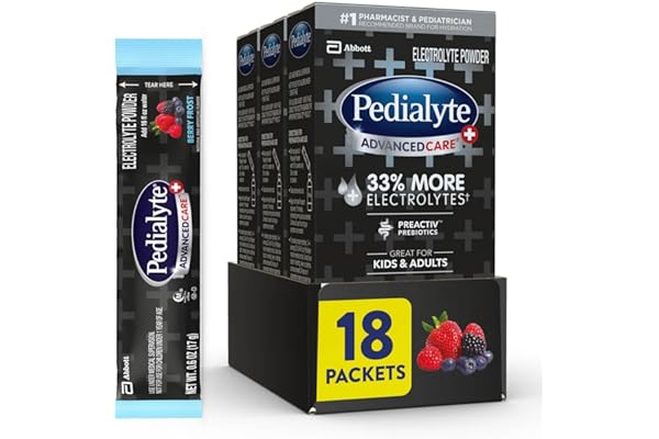 Pedialyte AdvancedCare Plus Electrolyte Powder, Has 33% More Electrolytes and PreActiv Prebiotics, Berry Frost, 18 Powder Pac