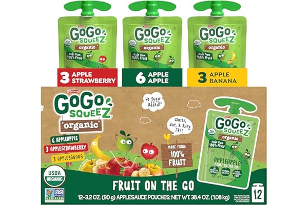GoGo squeeZ Organic Applesauce and Fruit Puree, Variety Pack, Apple, Strawberry & Banana, 3.2 oz (Pack of 12), Unsweetened Or
