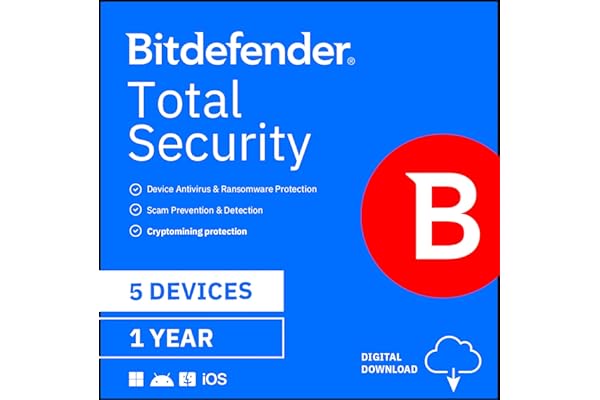 Bitdefender Total Security - 5 Devices | 1 year Subscription | PC/Mac | Activation Code by email