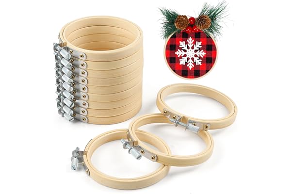 Caydo 12 Pieces 3 Inch Wooden Round Embroidery Hoops Adjustable Circle Cross Stitch Hoop Ring Bulk for Christmas Home Ornamen
