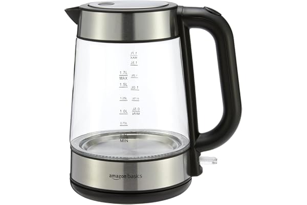 Amazon Basics Electric Kettle with Glass Carafe for Tea and Coffee, BPA-Free, Fast Boiling, Auto Shut-Off, 1.8 Quarts, 1500W,
