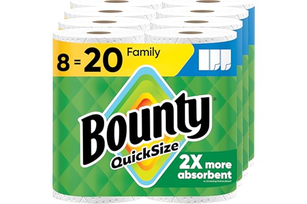 Bounty Quick Size Paper Towels, White, 8 Family Rolls = 20 Regular Rolls (Packaging May Vary)