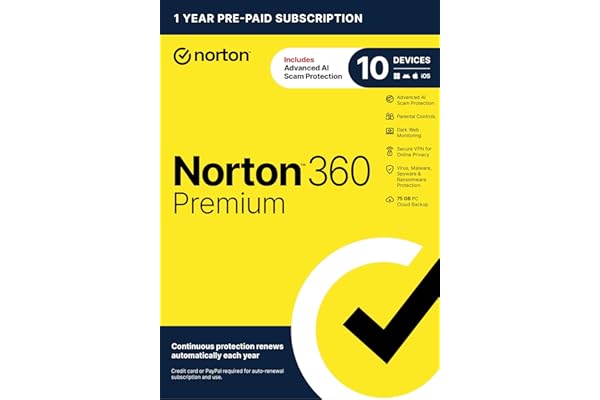 Norton 360 Premium, 2026 Ready Antivirus software for 10 Devices with Auto-Renewal – Includes Advanced AI Scam Protection, VP