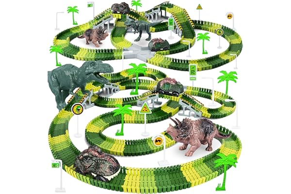Dinosaur Toys,Create A Dinosaur World Road Race,Flexible Track Playset and 2 pcs Cool Dinosaur car for 3 4 5 6 Year & Up Old