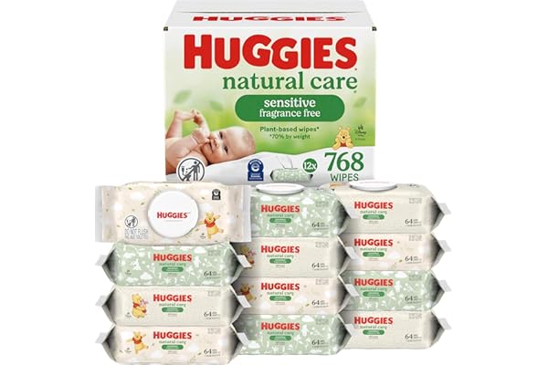 Huggies Natural Care Sensitive Baby Wipes, Unscented, Hypoallergenic, 99% Purified Water, 12 Flip-Top Packs (768 Wipes Total)