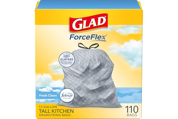 Glad Tall Kitchen Drawstring Trash Bags - Odorshield 13 Gallon White Trash Bag, Febreze Fresh Clean, 110 Count