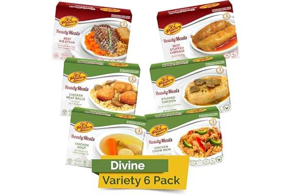 KJ Poultry Kosher Ready Meals - (6 Pack Divine Variety - Beef & Chicken) Prepared Entree Fully Cooked, Shelf Stable Microwave