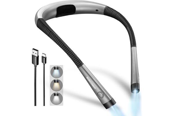 Glocusent Book Light, 3-Color & 6-Brightness Reading Light, Bendable Neck Light, 80-hr Lasting Rechargeable Book Light, Perfe