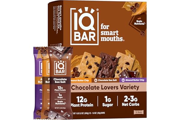 IQBAR Brain and Body Plant Protein Bars - Chocolate Lovers Variety - 12-Count - Keto, Vegan, Low Carb, High Fiber, Gluten Fre