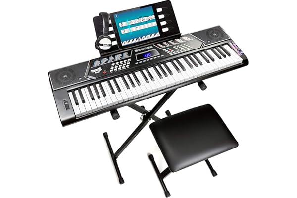 RockJam 61 Key Keyboard Piano Stand With Pitch Bend Kit, Piano Bench, Headphones, Simply Piano App & Keynote Stickers