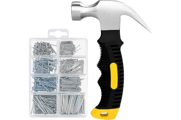 KURUI 700PCs Nails Assortment Kit & 8oz Hammer, Small Hammer for Hanging Wall Art Decor, Picture Frame, 350 Roofing/Wall Nail