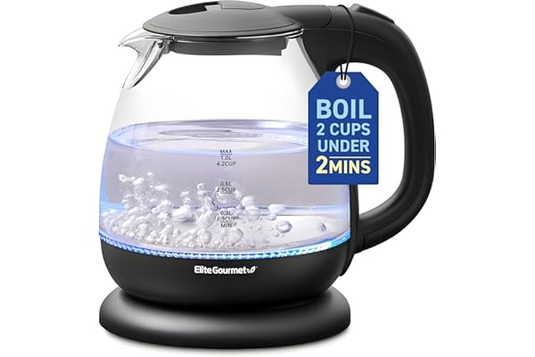 Elite Gourmet EKT1001 Electric 1.0L BPA-Free 1100W Glass Kettle Cordless 360° Base, Stylish Blue LED Interior, Handy Auto Shu