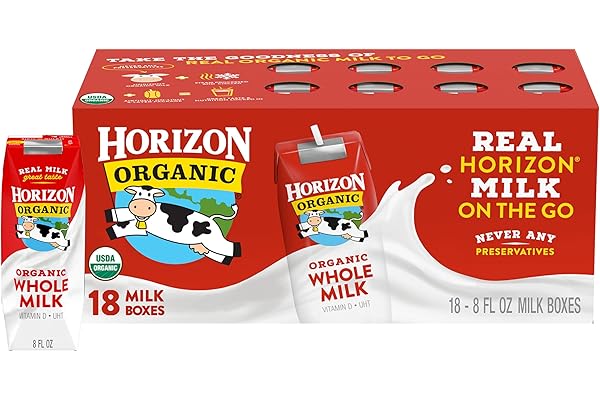 Horizon Organic Shelf Stable Whole Milk Boxes, 8 fl oz, 18 Count - 8g Protein per Serving, USDA Organic UHT from Pasture-Rais