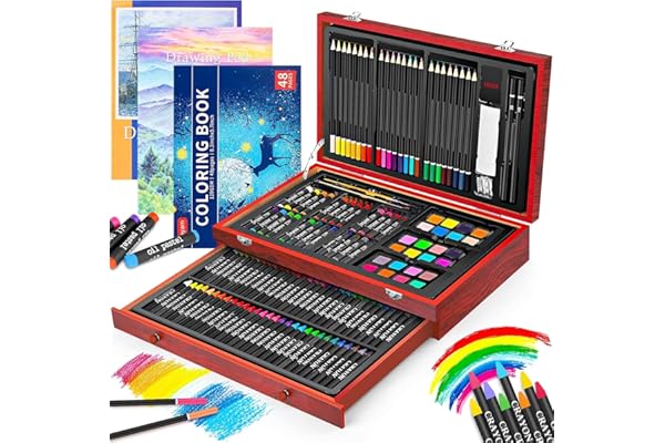 iBayam Art Supplies, 150-Pack Deluxe Wooden Art Set Crafts Drawing Painting Kit with 2 -Sketch Pads, 1-Coloring Book, Gift Bo