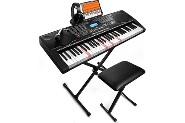 61 Key Portable Electronic Keyboard Piano w/Lighted Full Size Keys, LCD, Headphones, X-Stand, Stool, Music Rest, Microphone,