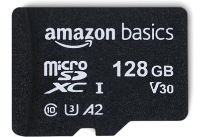 Amazon Basics Micro SDXC Memory Card with Full Size Adapter, A2, U3, Read Speed up to 100 MB/s, 128 GB, Black