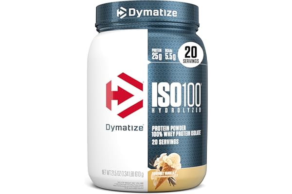Dymatize ISO100 Whey Protein Powder Isolate, Gourmet Vanilla, 25g of Protein, 5.5g BCAAs, Less Than 120 Cal., Gluten Free, 1g