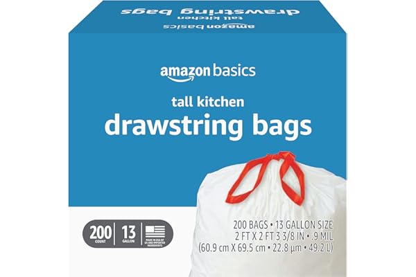 Amazon Basics Trash Bags, Tall Kitchen Drawstring, Unscented, 13 Gallon, 200 Count, Pack of 1