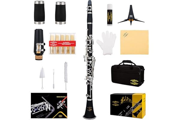 Glory GLY-PBK Professional Ebonite Bb Clarinet with 10 Reeds, Stand, Hard Case, Cleaning Cloth, Cork grease, Mouthpiece Brush
