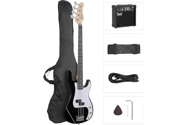 GLARRY Full Size Electric Bass Guitar Beginner Kit 4 String with AMP, Cable, Strap, Bag and Accessories (Black)