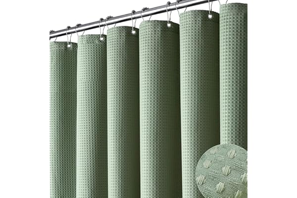 Dynamene Sage Green Shower Curtain - Waffle Textured Heavy Duty Thick Fabric Shower Curtains for Bathroom, 256GSM Luxury Weig