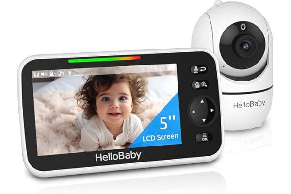 HelloBaby No WiFi Baby Monitor 5" Screen 30-Hour Battery Pan-Tilt-Zoom Video Upgrade with Camera and Audio, Night Vision, VOX
