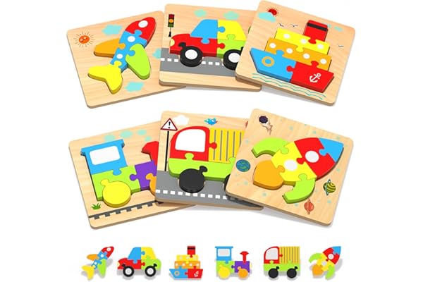 Yetonamr Wooden Toddler Puzzles Gifts Toys for 1 2 3 Years Old Boys Girls, 6 Vehicle Shape Montessori Toys Educational Blocks