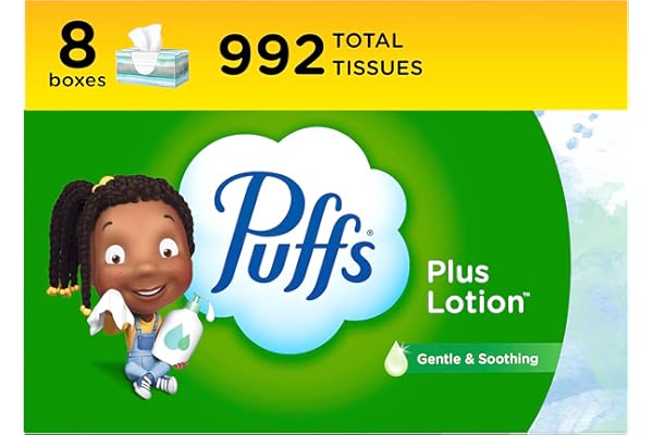 Puffs Plus Lotion Facial Tissues, 8 Family Boxes, 124 Facial Tissues per Box, Allergies and Colds