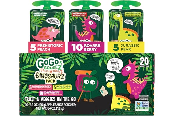 GoGo squeeZ Fruit & veggieZ Applesauce and Puree Variety Pack, Jurassic Pear, Roarrrr Berry & Prehistoric Peach, 3.2 oz (Pack