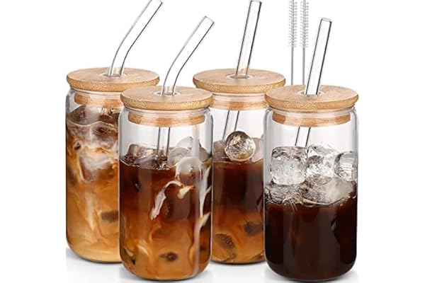 DWTS DANWEITESI Glass Cups with Lids and Straws 4 pcs,16oz Drinking Glasses Set for Coffee Bar Accessories,Iced Coffee Cups w