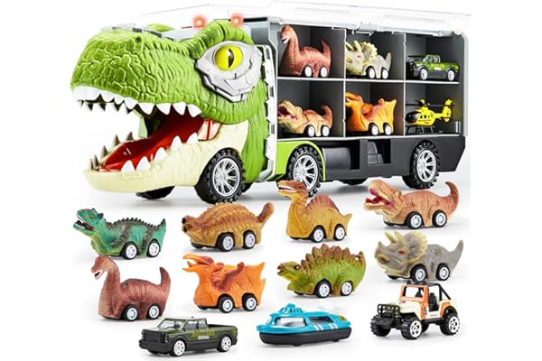 JOYIN 13 in 1 Dinosaur Toys for Kids 3-5, Dinosaur Truck with 12 Pull Back Cars, Birthday Gifts Toys for 3 4 5+ Year Old Boy,