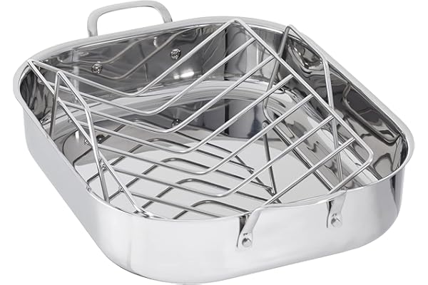 Amazon Basics Stainless Steel Rectangular Roasting Pan with Rack, 16 in