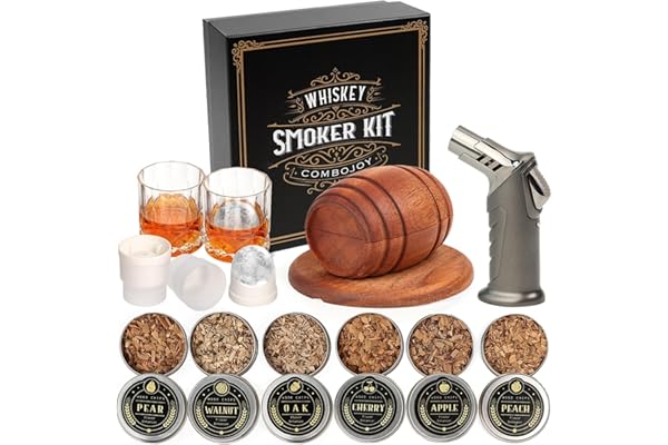 Whiskey Smoker Kit with Torch - 6 Flavors Wood Chips, 2 Glasses, 2 Ice Ball Molds - Cocktail Smoker Infuser Kit, Old Fashione