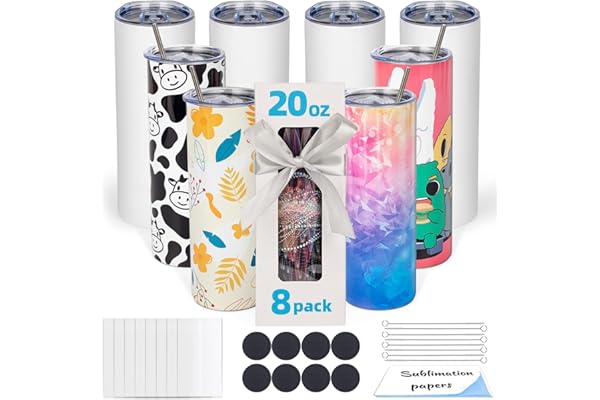 UIRZOTN 8 Pack 20oz Sublimation Tumbler Blanks Skinny Straight in Bulk, Stainless Steel Insulated Sublimation Tumbler with Po