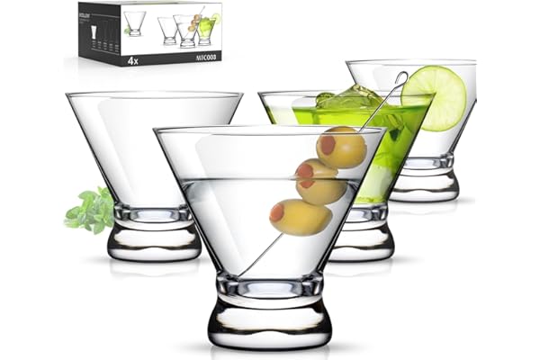 LUNA & MANTHA Martini Glasses Set of 4, Stemless Martini Cocktail Glasses for Margarita, Manhattan, Cosmopolitan, Home Bar, E