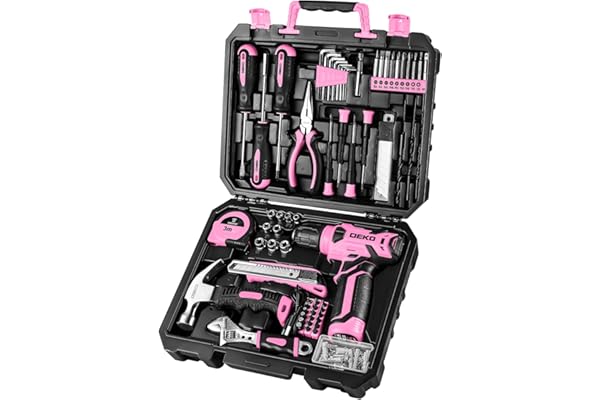 DEKOPRO Drill Set, Home Tool Set with 8V Pink Cordless Drill, Hand Tool Kit for Women, 126 pcs